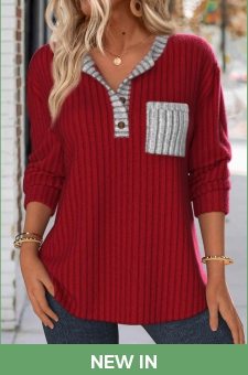 ROTITA Button Wine Red Split Neck Long Sleeve Sweatshirt