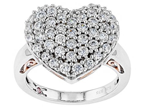 Cubic Zirconia Silver And 18k Rose Gold Over Silver Heart Ring 3.05ctw (1.41ctw DEW)