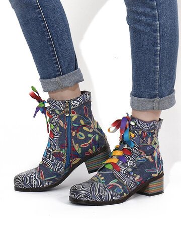 SOCOFY Brief Flowers Embroidered Splicing Printed Leather Short Boots