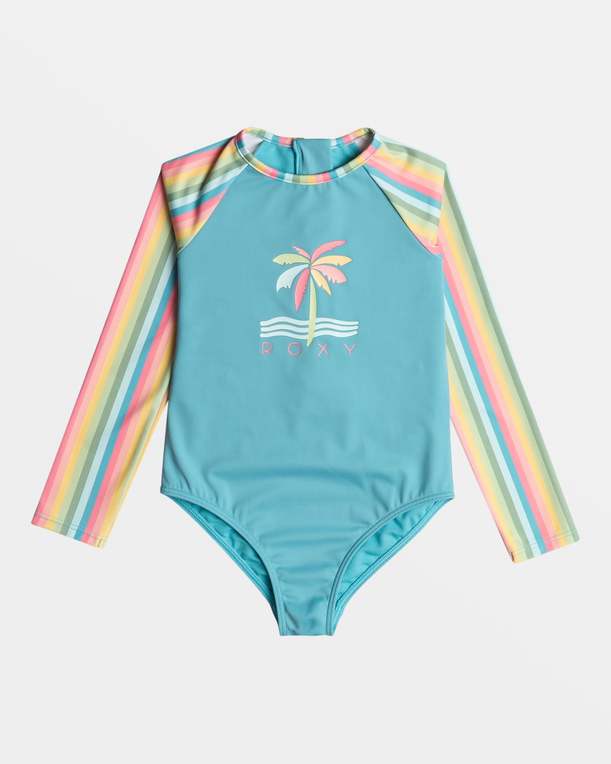 Image of Girls 2-7 Rainbow Stripe Long Sleeve Swimsuit - Maui Blue Rainbow Stripe