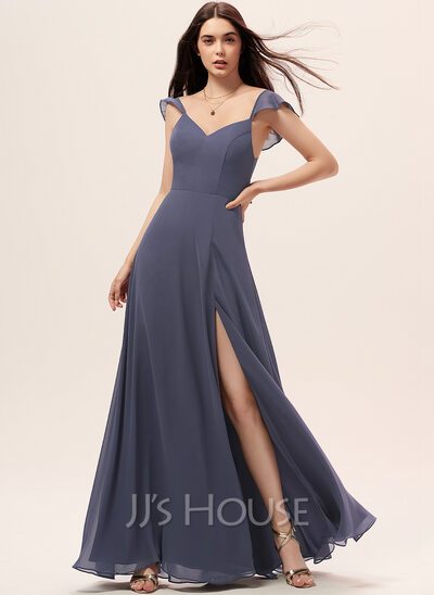 A-Line V-neck Floor-Length Chiffon Bridesmaid Dress With Spl...