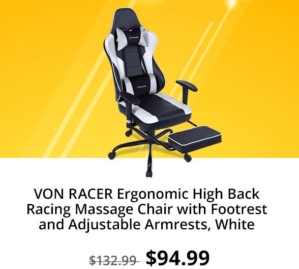 VON RACER Ergonomic High Back Racing Massage Chair with Footrest and Adjustable Armrests, White