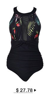 Ruched Tropical Print Black One Piece Swimwear