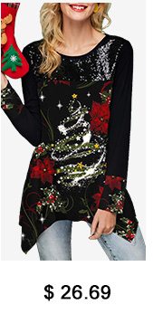 Christmas Print Asymmetric Hem Black T Shirt