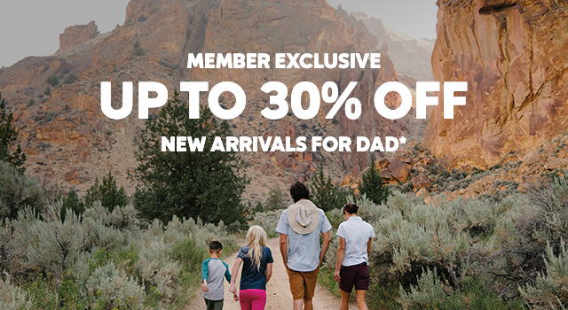A mom and dad walking with their daughter and son on a dusty trail. Member Exclusive up to 60% off new arrivals for Dad.