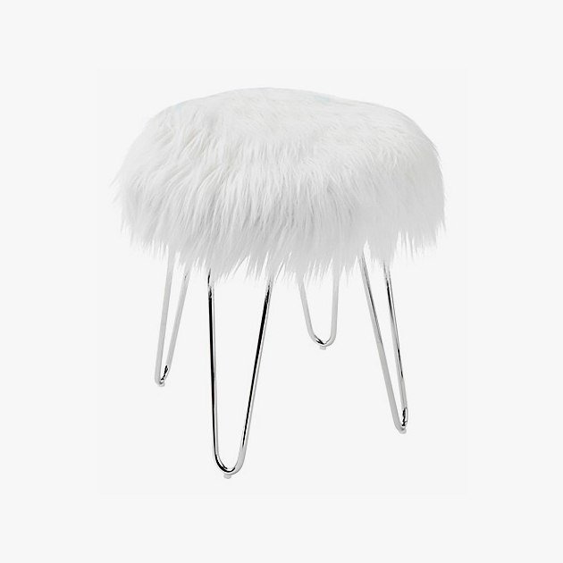 Faux Fur Ottoman White/Chrome