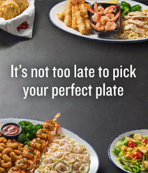  An array of Choose-Your-Own Shrimp TriosTM plate options, Cheddar Bay Biscuits(R) and a garden salad. The center dish displays three preps and slowly slides out of frame to reveal the headline. 