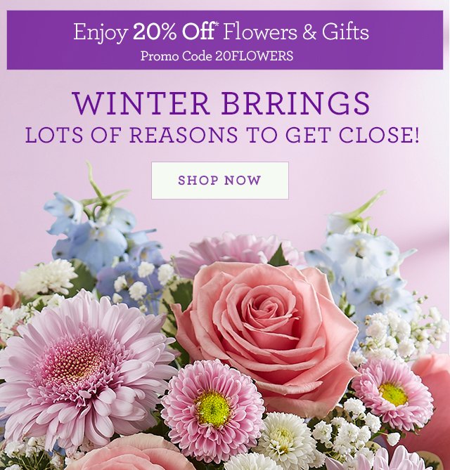 Enjoy 20% Off Flowers & Gifts Promo Code 20FLOWERS WINTER BRRINGS LOTS OF REASONS TO GET CLOSE! SHOP NOW 