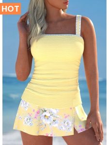 ROTITA Split Light Yellow Floral Print Tankini Set