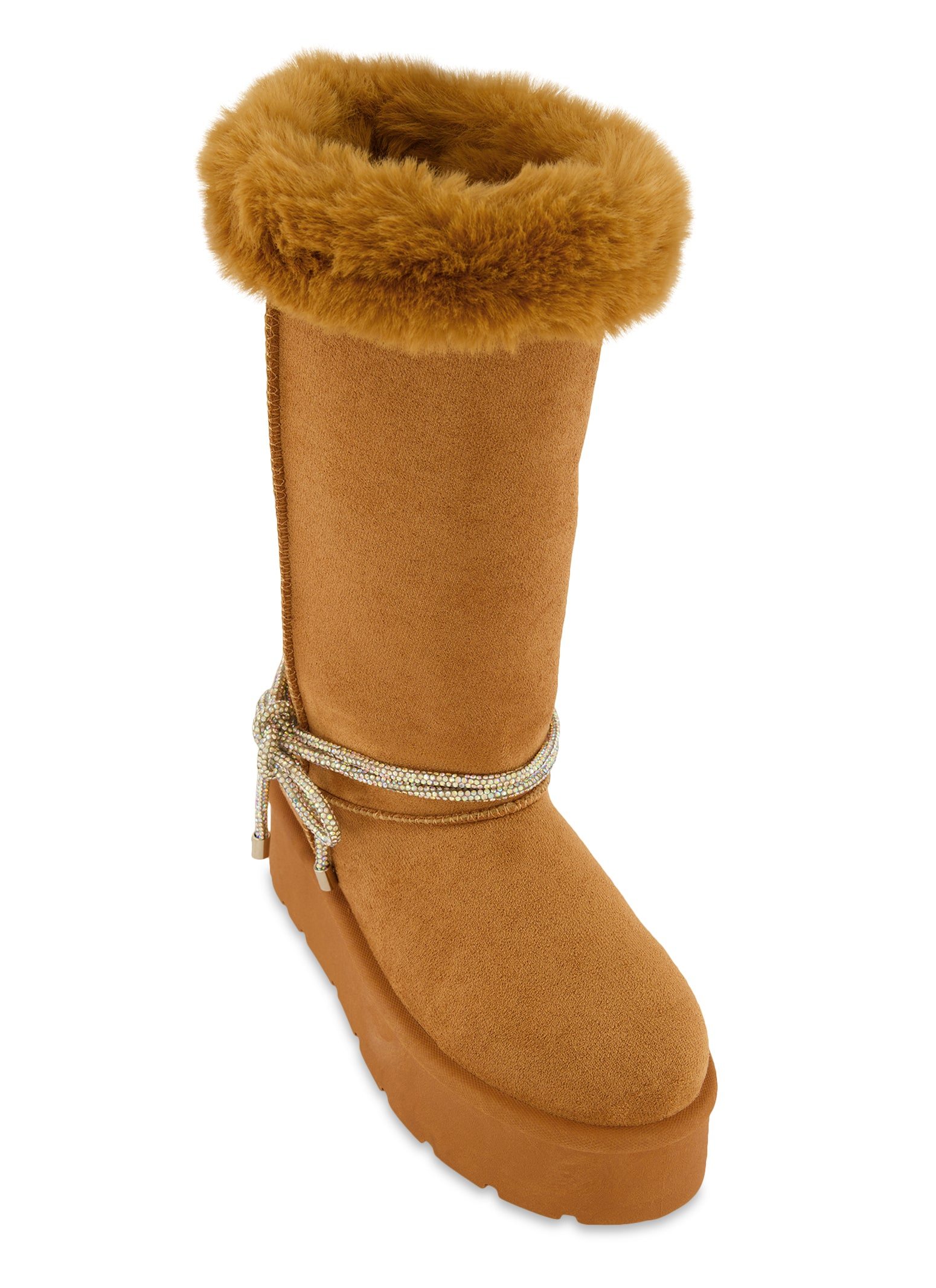 Rhinestone Rope Detail Faux Fur Tall Boots