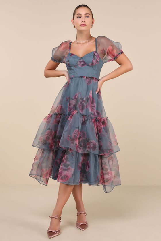 Image of Ideally Lovely Slate Blue Floral Organza Lace-Up Midi Dress