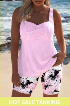 ROTITA Surplice Light Pink Feathers Print Tankini Set