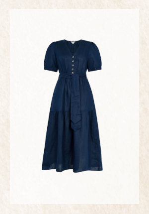 Plain midi dress in linen blend blue
