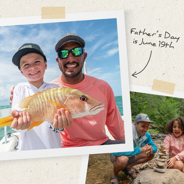A collage of dad and kid photos with message: Fathers Day is June 19th. 