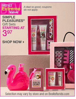 Shop Simple Pleasures Gift Sets starting at 3.97 | Coupons do not apply.