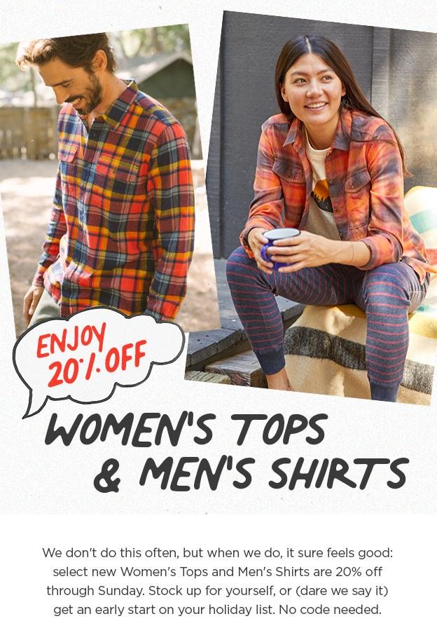 Enjoy 20% Off Women's Tops and Men's Shirts