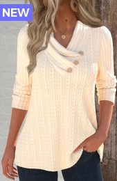 Beige Button Long Sleeve Asymmetrical Neck Sweatshirt