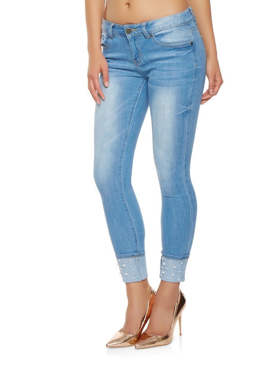 VIP Faux Pearl Cuffed Jeans