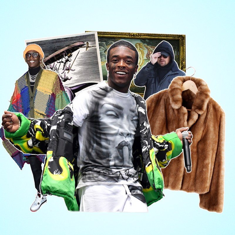 A collage of lil uzi vert, young thug, leonardo dicaprio, and two paintings