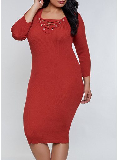 Plus Size Lace Up Midi Sweater Dress