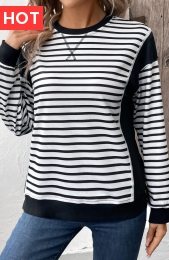 Black Patchwork Striped Long Sleeve Round Neck Sweatshirt