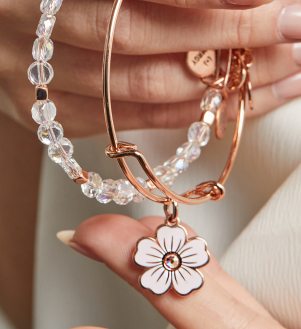 Pink Pansy and Crystal Charm Bangle Bracelet | Shop Now