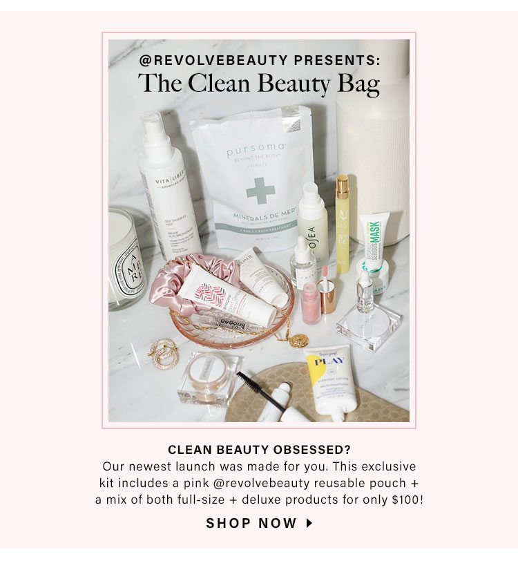 @REVOLVEbeauty Presents: The Clean Beauty Bag: Clean beauty obsessed? Our newest launch was made for you. This exclusive kit includes a pink @revolvebeauty reusable pouch + a mix of both full-size + deluxe products for only $100! Shop Now