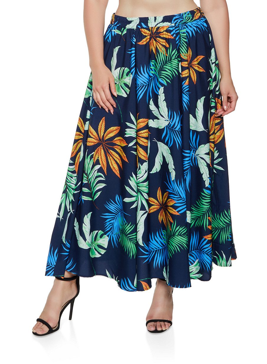 Plus Size Tropical Print Maxi Skirt