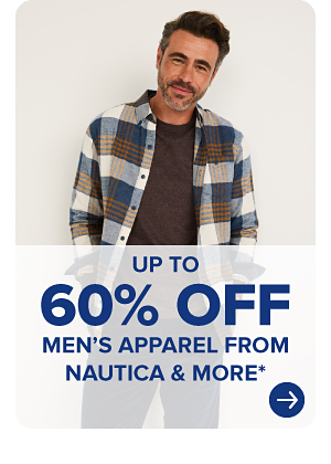 A man in a plaid shirt. Up to 60% off men's apparel from Nautica and more.