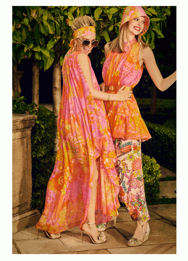 Models in pink and orange 70's inspired CAMILLA outfits