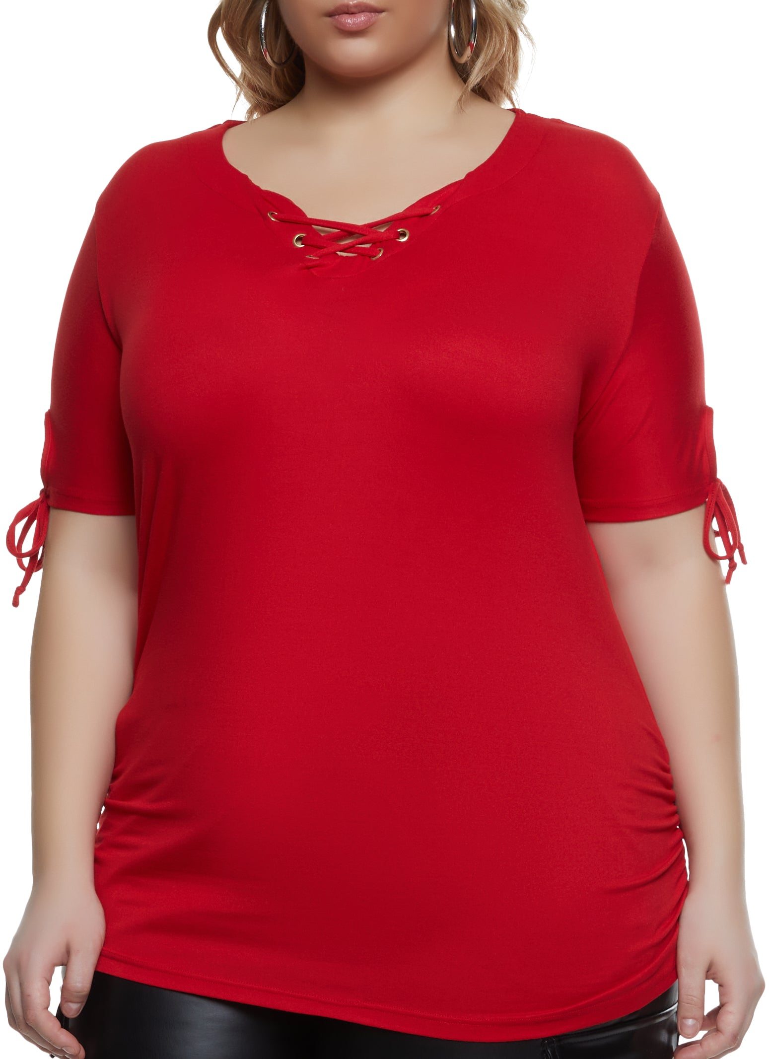 Plus Size Solid Lace Up Tie Sleeve Top