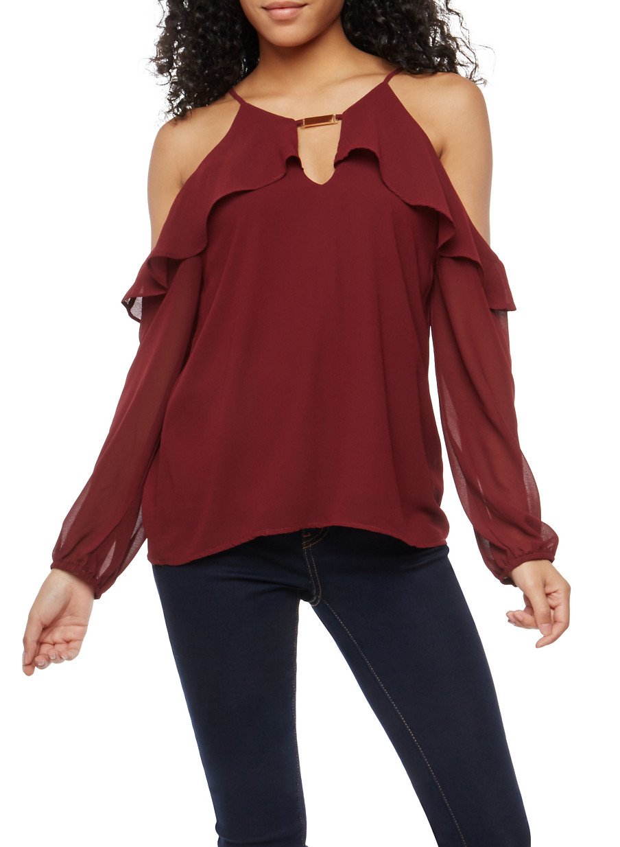 Cold Shoulder Ruffle Top with Metallic Detail