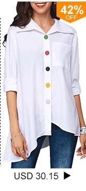 Asymmetric Hem Button Up Pocket White Blouse