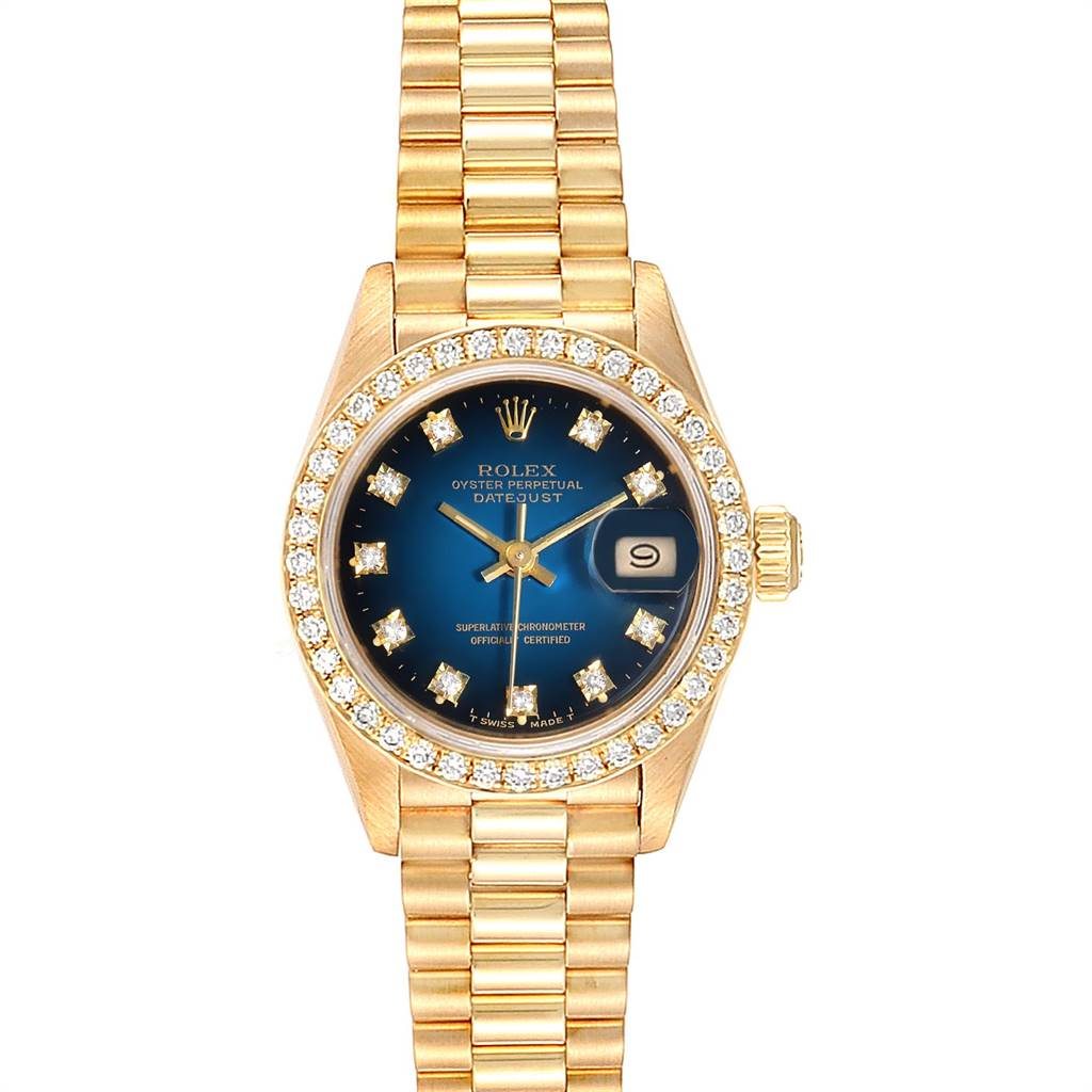 Image of Rolex President Yellow Gold Blue Vignette Diamond Ladies Watch 69138