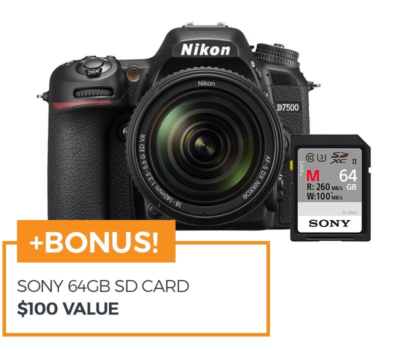 NIKON D7500 D-SLR BODY +BONUS 64GB SD CARD ($100 VALUE)