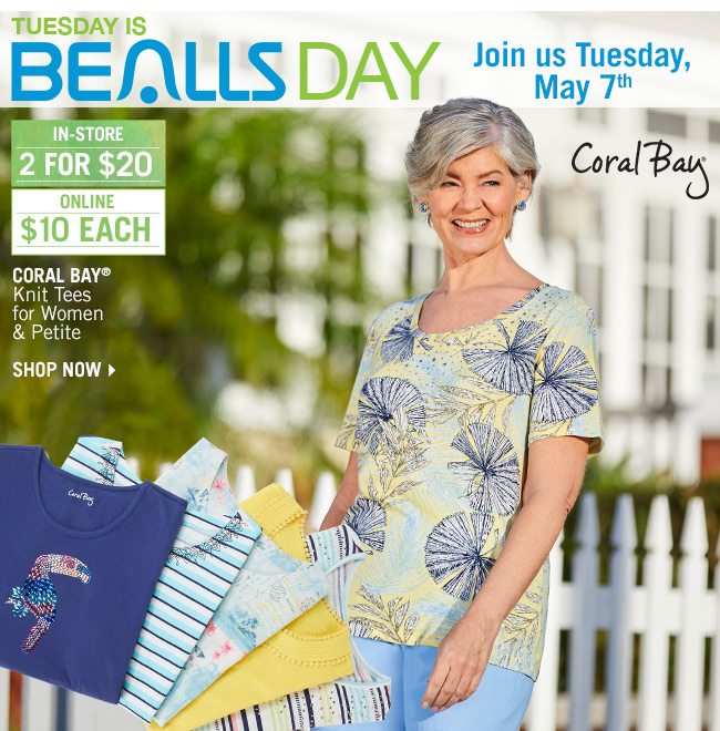 Tuesday is Bealls Day! Shop Coral Bay Knit Tees - $10 Each Online, $2 for $20 In-Store