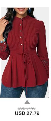 Crinkle Chest Lace Panel Wine Red Peplum Blouse