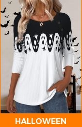 Halloween White Button Long Sleeve Round Neck T Shirt