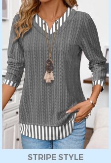 ROTITA Patchwork Striped Grey Split Neck Fake Two Piece Twinset