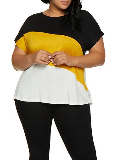 Plus Size Diagonal Color Block Tee