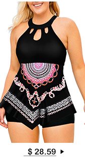 Asymmetric Hem Lattice Front Tribal Print Tankini Set