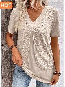 ROTITA Layered Light Camel V Neck Short Sleeve Blouse