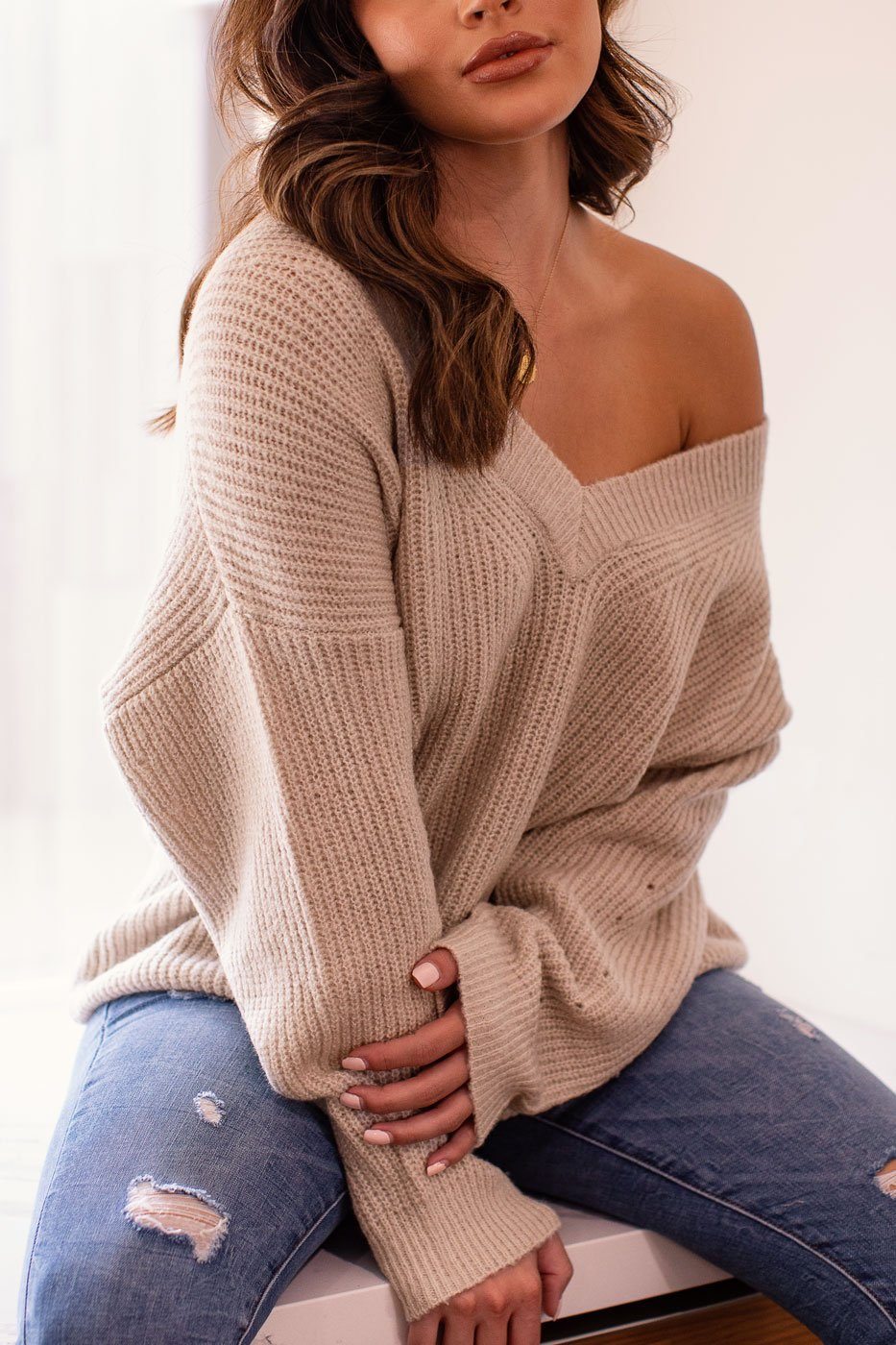 Kara Taupe Oversize Knit V-Neck Sweater