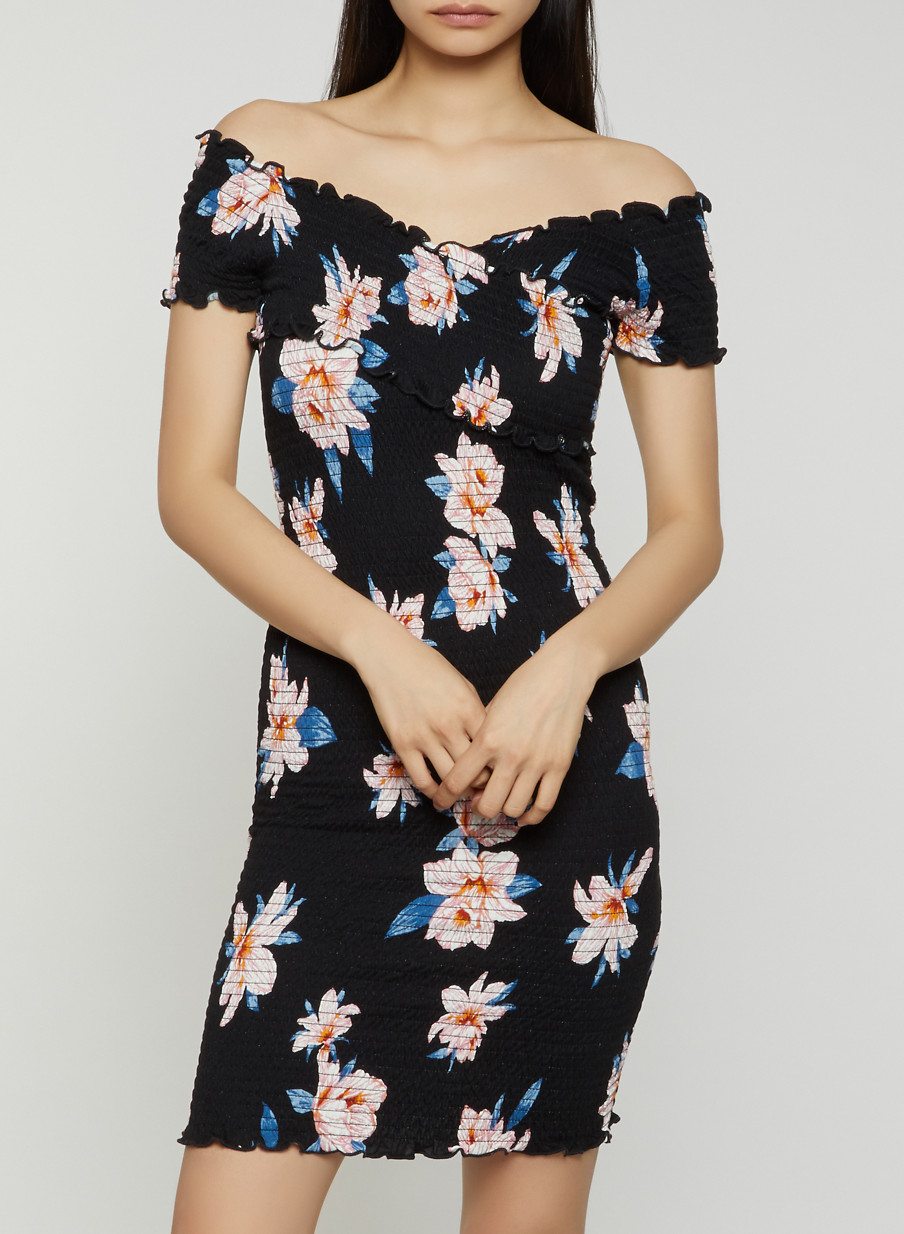 Floral Smocked Off the Shoulder V Neck Dress