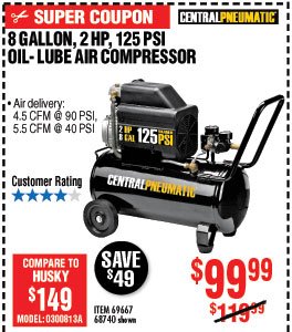 8 gal. 2 HP 125 PSI Oil Lube Air Compressor