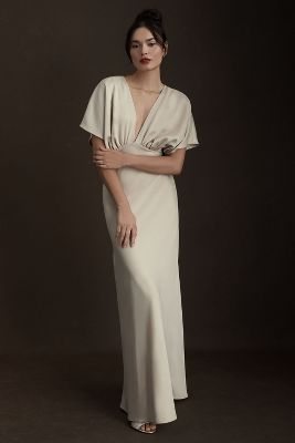 BHLDN Leila Deep-V Flutter-Sleeve Satin A-Line Gown