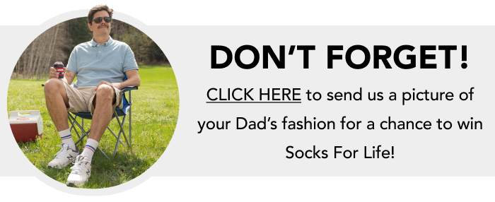 A dad with strong Ted Lasso energy wearing questionable fashion, but solid Darn Tough socks. Text: DON'T FORGET! Send us a picture of your Dad's fashion for a chance to win Socks For Life!