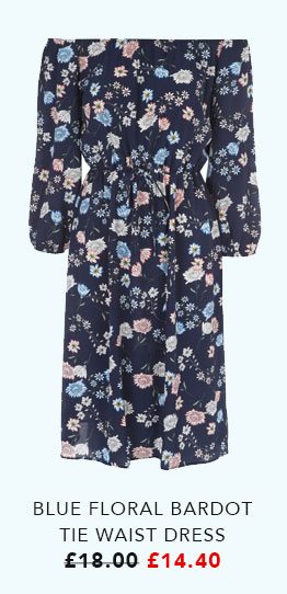 Blue Floral Bardot Tie Waist Dress - Was £18 Now £14.40