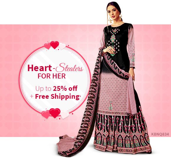 V-day for Her: Sarees, suits, dresses and more in romantic hues, sheer, florals and sheer. Shop!