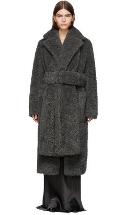 Helmut Lang - Grey Faux Fur Shaggy Belted Coat